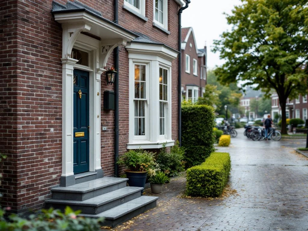Traditioneel Nederlands bakstenen huis met witte ramen en verzorgde voortuin in Gouda, klaar voor verkoop