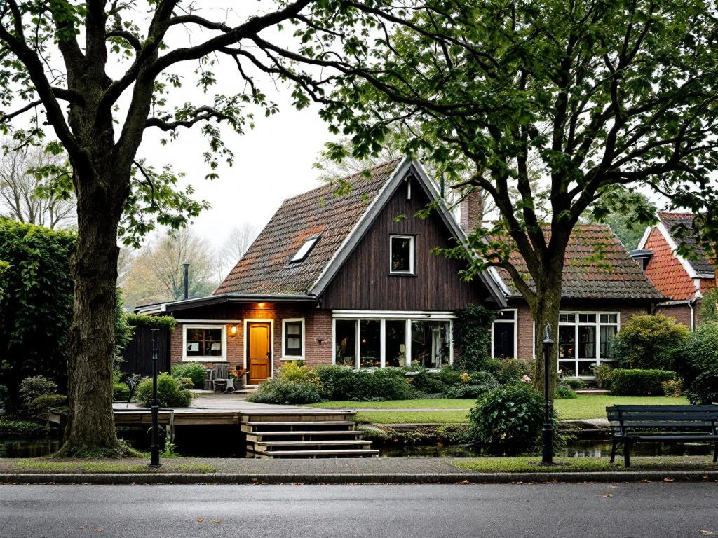 Traditioneel Nederlands huis in Reeuwijk met baksteen en hout, omgeven door groen en water in polderland