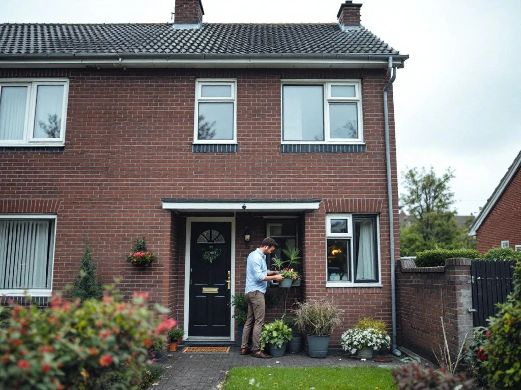 Nederlandse makelaar bereidt traditioneel bakstenen huis voor op verkoop in Gouda woonstraat