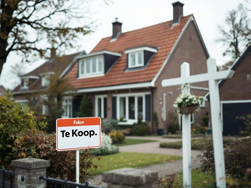 Traditioneel Nederlands bakstenen huis met rode dakpannen en "Te Koop" bord in voortuin, Gouda woonstraat