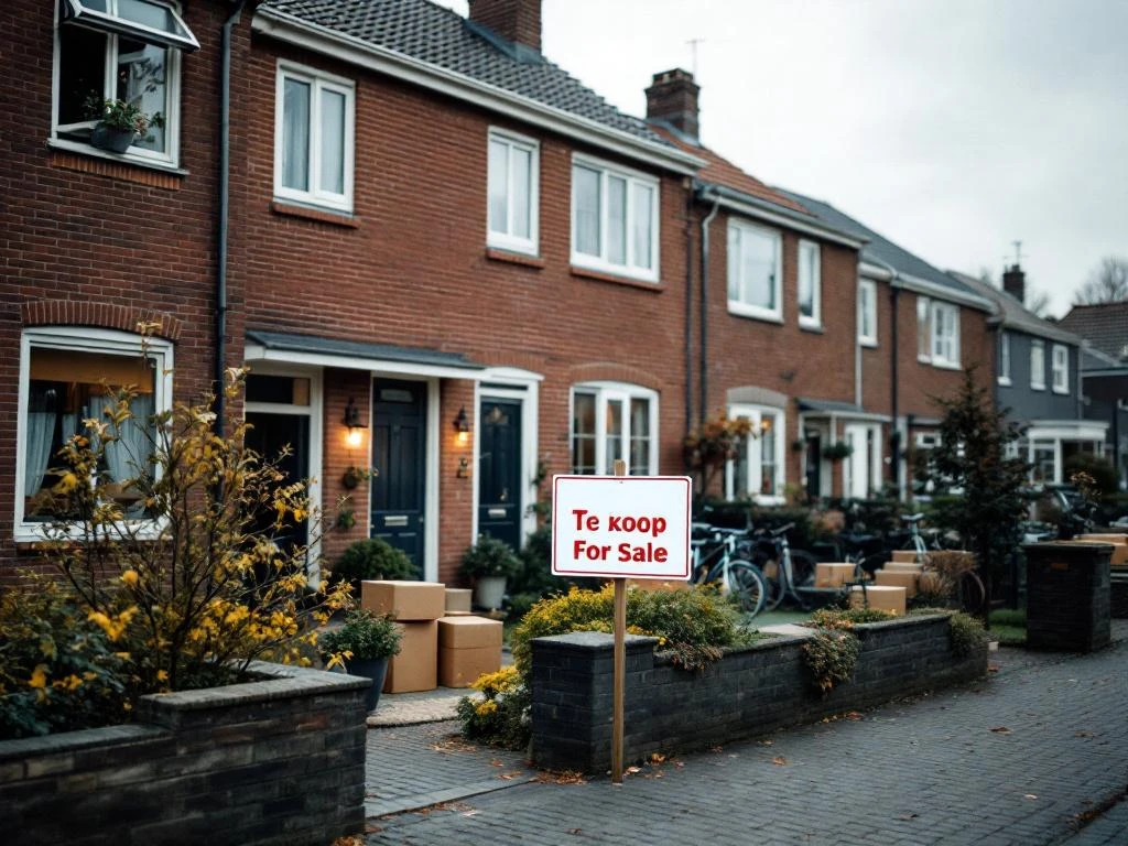 Nederlands rijtjeshuis met 'Te Koop' bord in voortuin, verhuisdozen zichtbaar, typische Goudse woonstraat