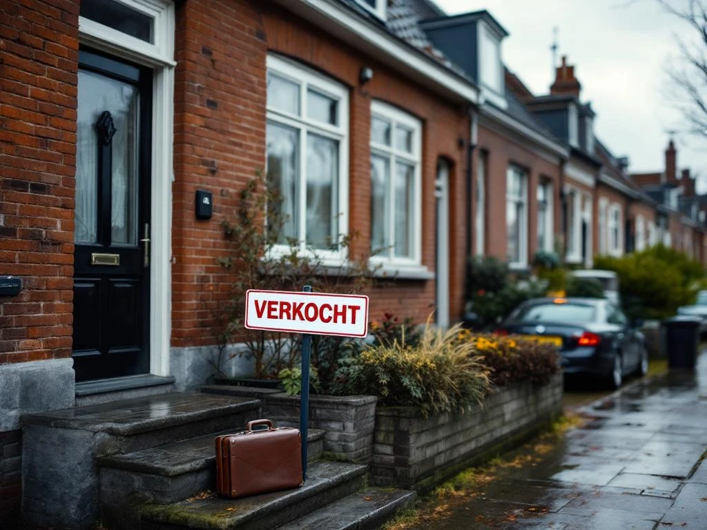 Traditioneel Nederlands huis met VERKOCHT bord in voortuin, Gouda woonstraat, bewolkte dag