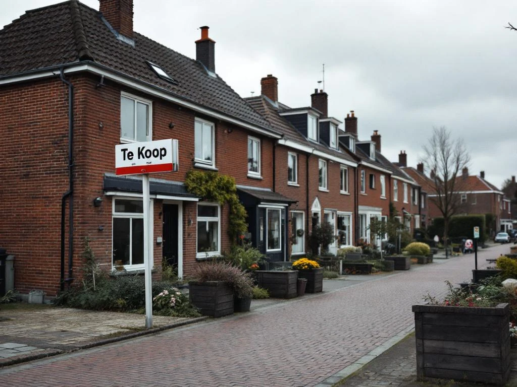 Traditionele rode bakstenen rijtjeshuizen in Gouda met "Te Koop" bord, bewolkte dag, Nederlandse woonwijk