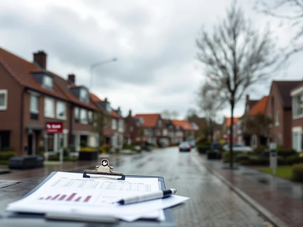 Nederlandse rijtjeshuizen met rode daken en "Te Koop" borden in voortuinen, Gouda, bewolkte dag