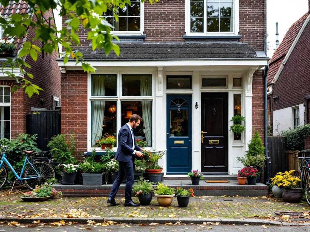 Traditioneel bakstenen huis in Gouda met makelaar die potplanten plaatst bij voordeur voor verkoop