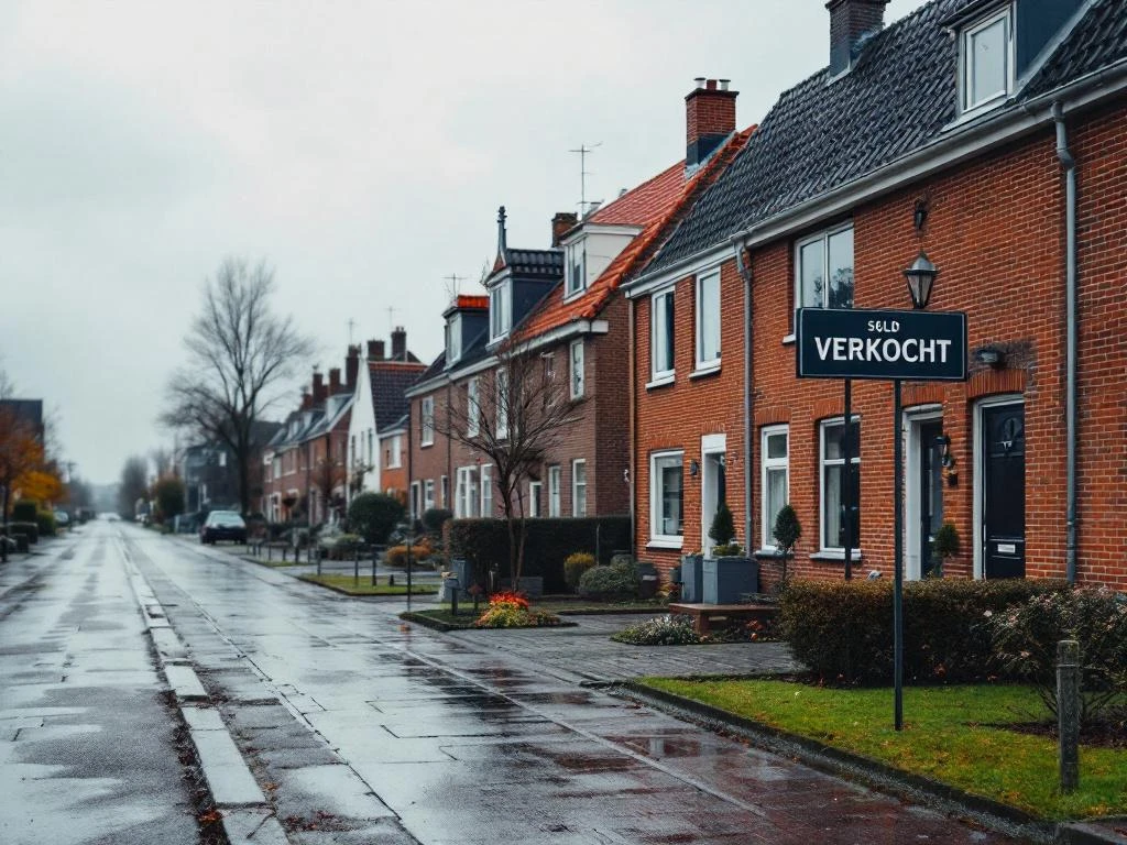 Nederlandse rijtjeshuizen in Gouda met VERKOCHT-bord op voorgrond, traditionele bakstenen gevels onder bewolkte hemel