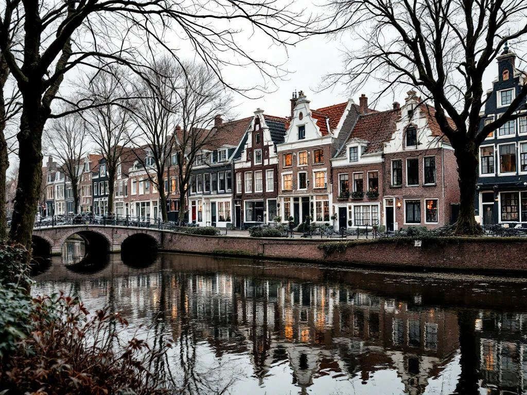 Historische grachtenpanden met trapgevels weerspiegeld in Goudse gracht, Nederland, 17e eeuwse bakstenen architectuur