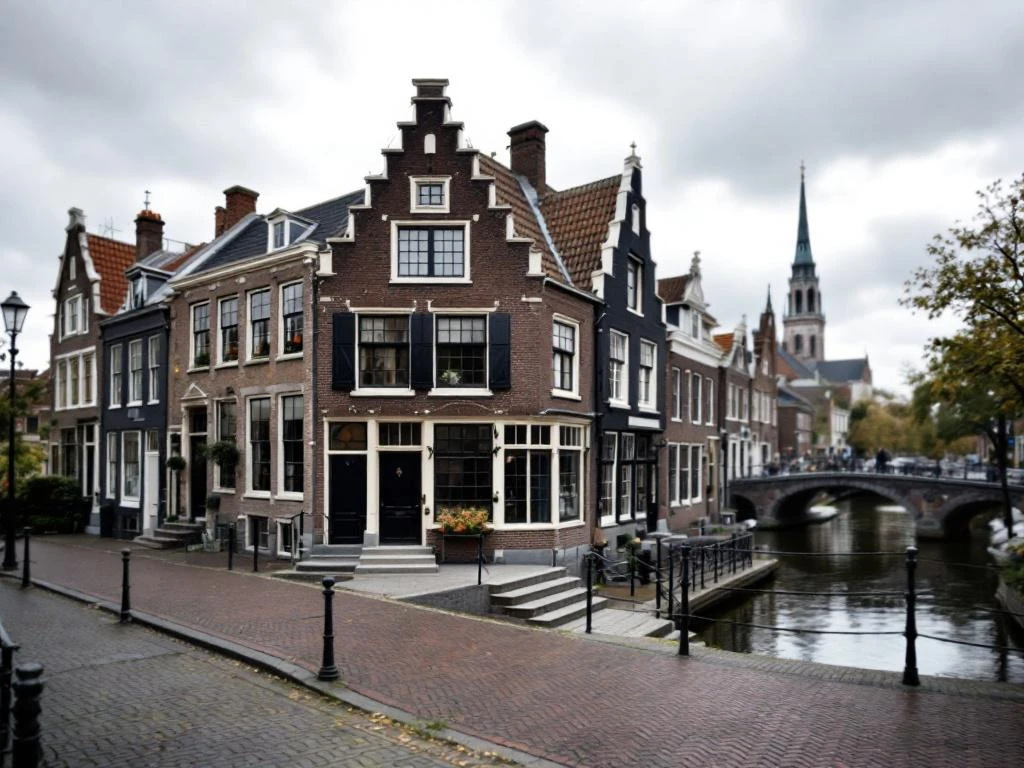 Historisch Goudse grachtenpand met trapgevel langs kinderkopjes straat, Nederland