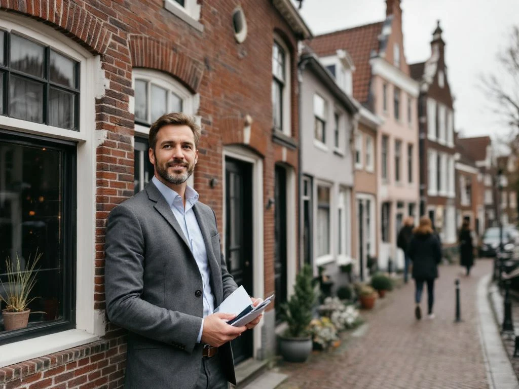 Makelaar toont historisch Gouds grachtenpand met trapgevels langs kanaal in Nederland