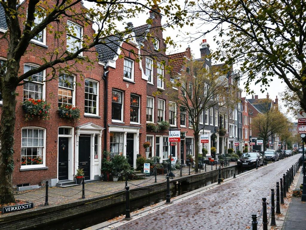 Historische Goudse grachtenpanden met trapgevels en 'VERKOCHT' borden langs boomrijke gracht met kinderkopjes