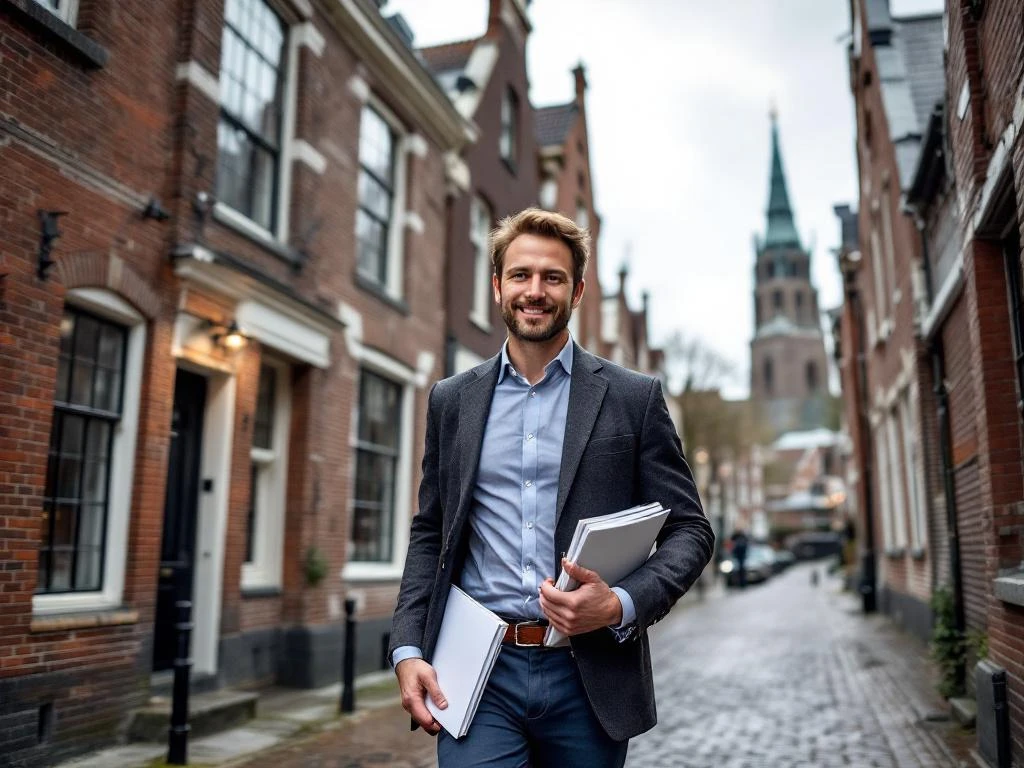 Gouda makelaar met sleutels en documenten loopt tussen traditionele grachtenpanden met trapgevels in historisch centrum