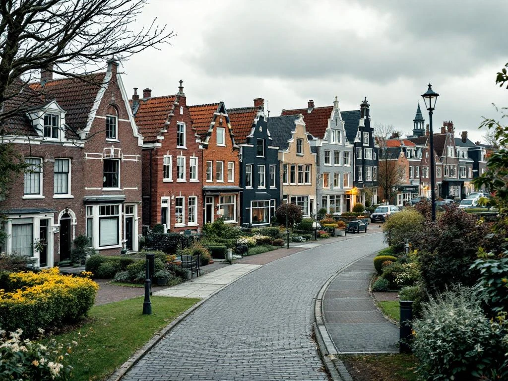 Diverse woonwijken in Gouda-regio: historische grachtenpanden, moderne lakeside huizen en jaren 70 suburbia onder bewolkte hemel