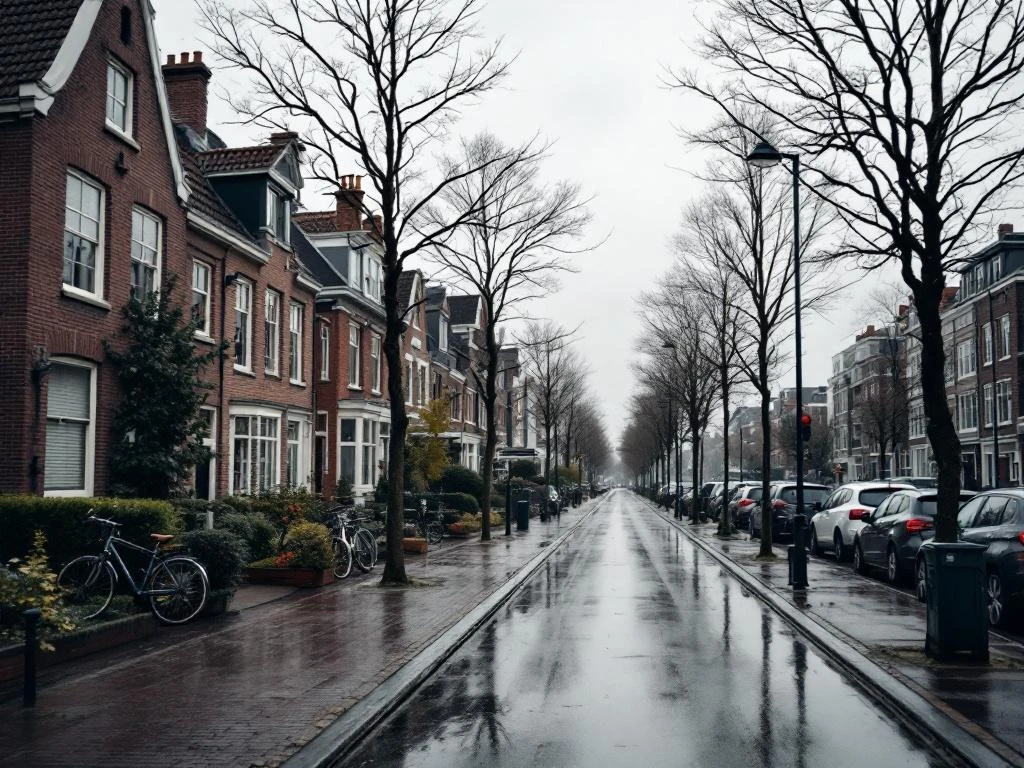 Straat in Gouda met traditionele Nederlandse rijtjeshuizen op voorgrond en moderne suburbanwoningen op achtergrond