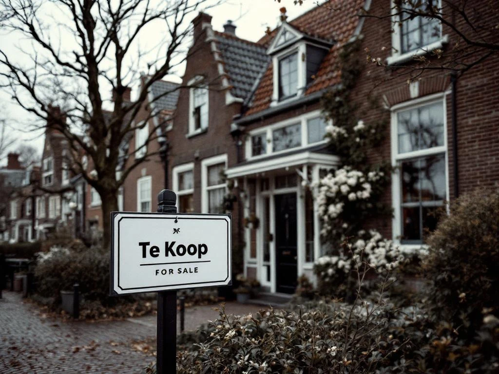 Te Koop bord voor traditioneel bakstenen huis in Gouda woonstraat, Nederland, bewolkte dag