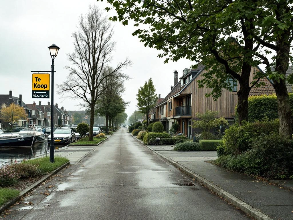 Jaren '80 woning met houten gevel en grote tuin in Reeuwijk, op achtergrond Reeuwijkse Plassen met bootjes