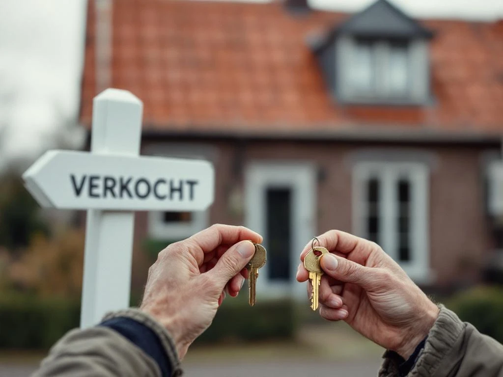 Oudere handen houden huissleutels vast naast VERKOCHT-bord, traditioneel Nederlands bakstenen huis op achtergrond