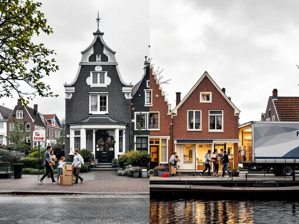 Twee Nederlandse woningscenario's: familie verkoopt grachtenpand in Gouda (links) en familie koopt modern huis in Reeuwijk (rechts)