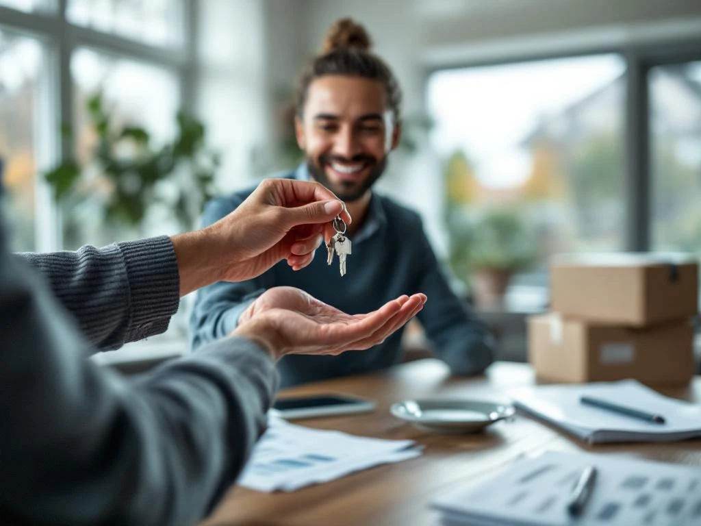 Makelaar overhandigt huissleutels aan tevreden huiseigenaar in moderne Nederlandse woonkamer met verhuisdozen