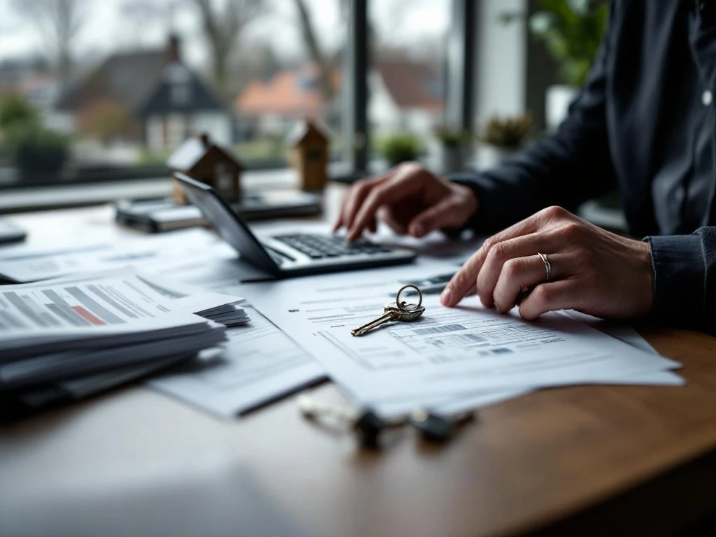 Makelaar berekent hypotheek met rekenmachine en documenten op houten bureau, huissleutels en modelwoning zichtbaar