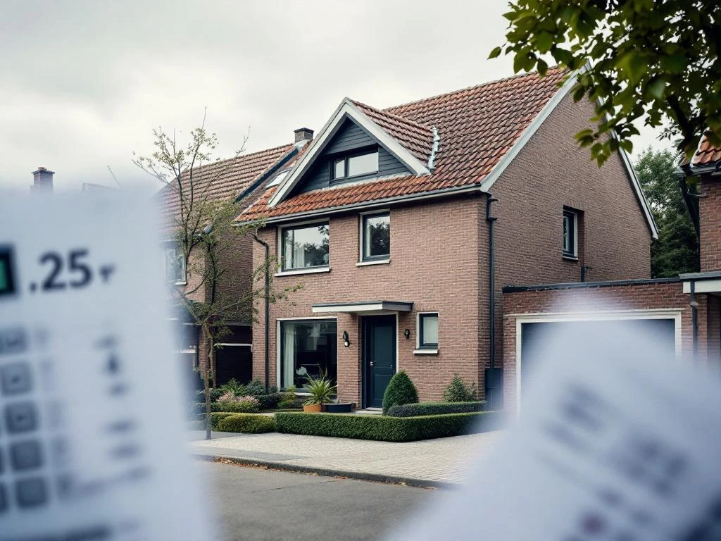 Nederlandse bakstenen woning met rode dakpannen in Gouda met hypotheekdocumenten en rekenmachine op voorgrond