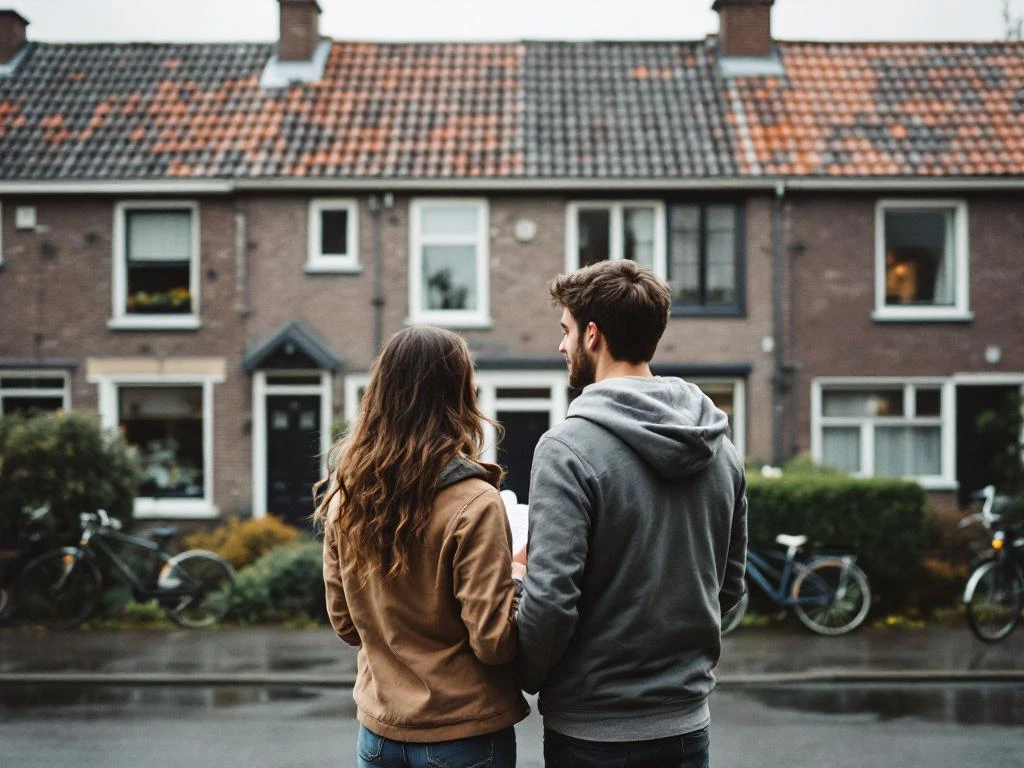 Jong stel met huissleutels bekijkt traditioneel Nederlands rijtjeshuis met rode dakpannen in Gouda