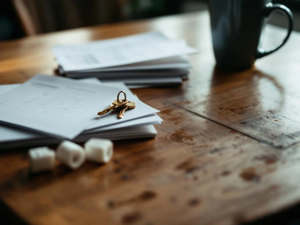 Houten keukentafel met verspreide documenten, huissleutels en kalender voor planning in Nederlands huis