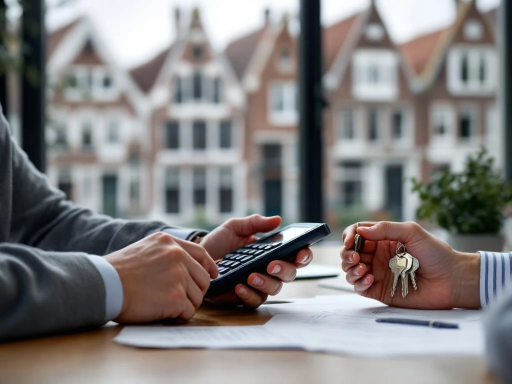 Makelaar houdt rekenmachine en huissleutels vast naast documenten op bureau, Gouda grachtenhuizen op achtergrond