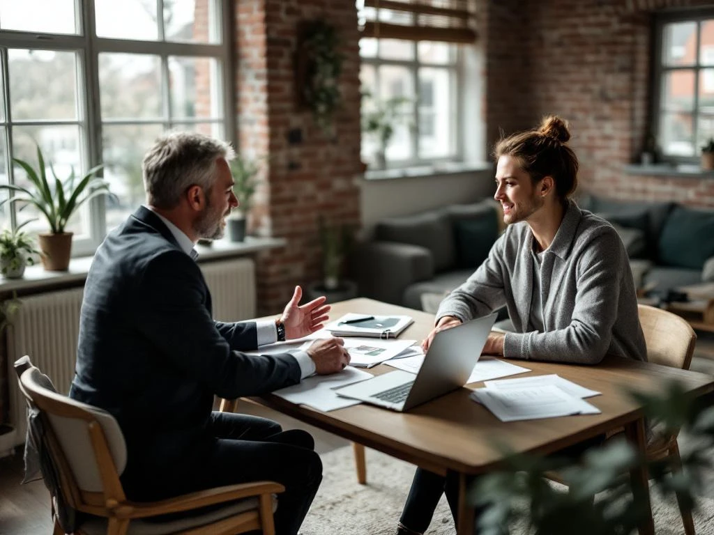 Makelaar en klant in gesprek aan houten tafel met huisdocumenten en laptop in Nederlandse woonkamer