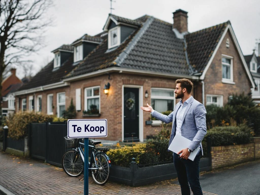 Makelaar wijst naar traditioneel Nederlands bakstenen huis met Te Koop bord op rustige straat in Gouda