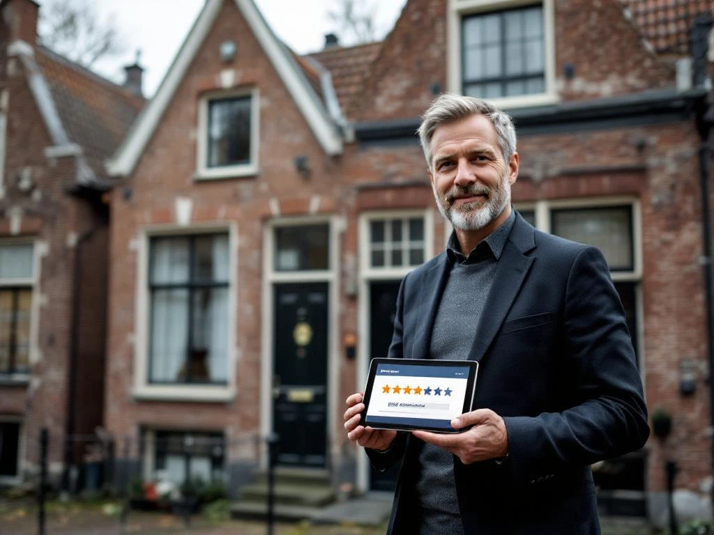 Professionele makelaar met tablet toont sterrenbeoordelingen voor historisch Gouds grachtenpand met trapgevel