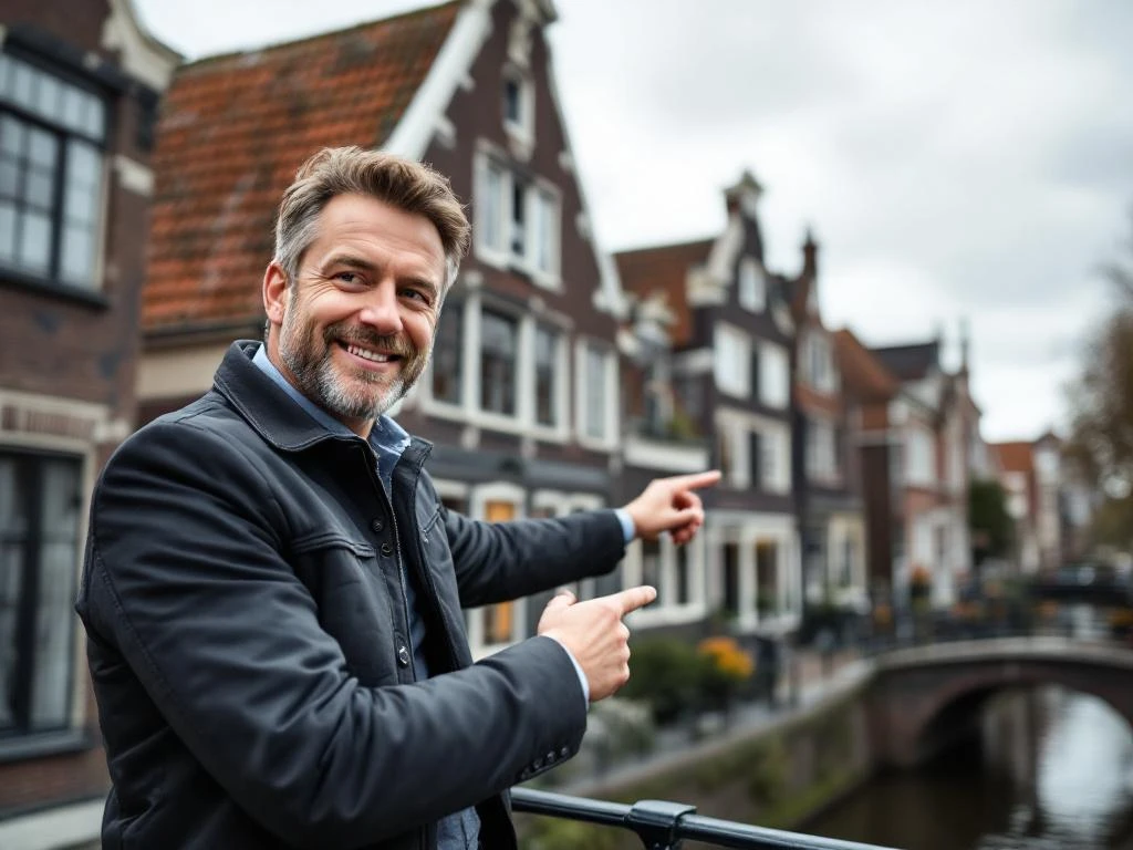 Makelaar wijst naar traditioneel Gouds grachtenpand met trapgevel onder bewolkte hemel in historisch centrum