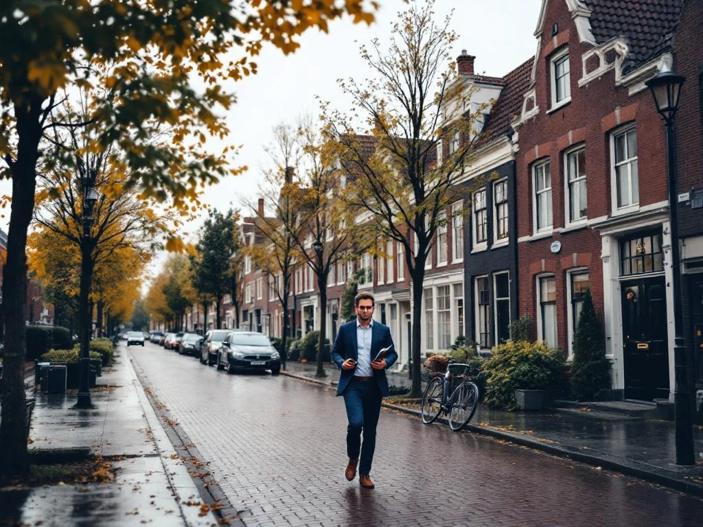 Makelaar loopt langs traditionele 17e-eeuwse grachtenpanden met rode gevels in Gouda, natte keien reflecteren grijze lucht