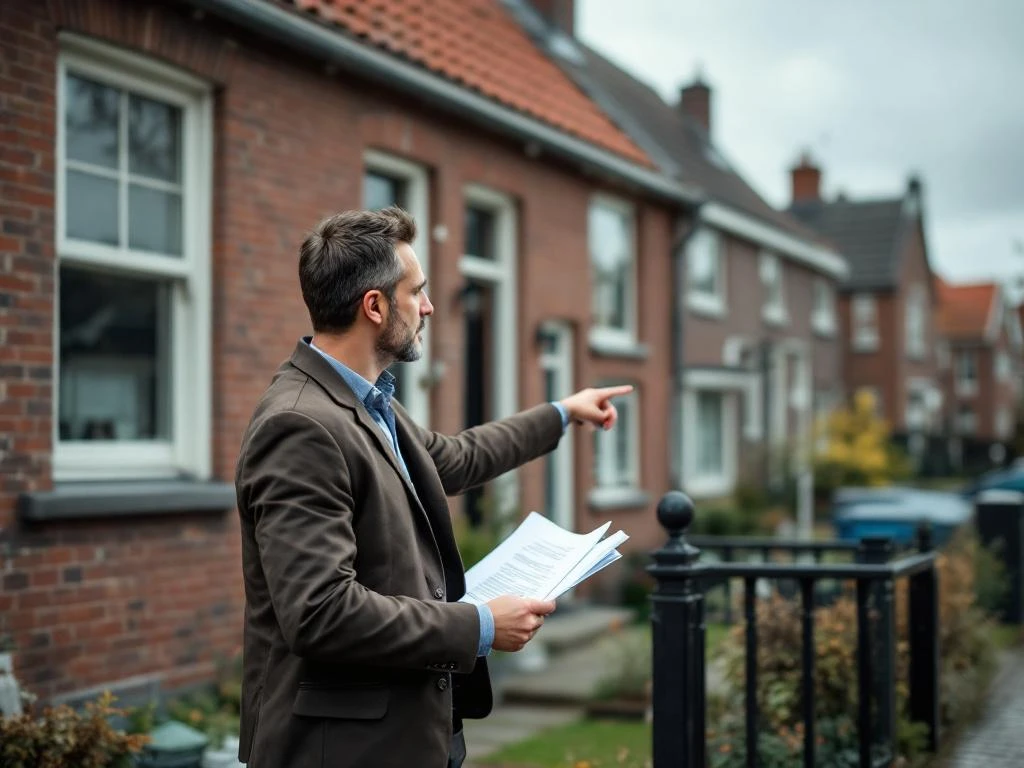 Makelaar wijst naar traditioneel bakstenen huis uit jaren 70 met documenten in hand, Gouda straat Nederland