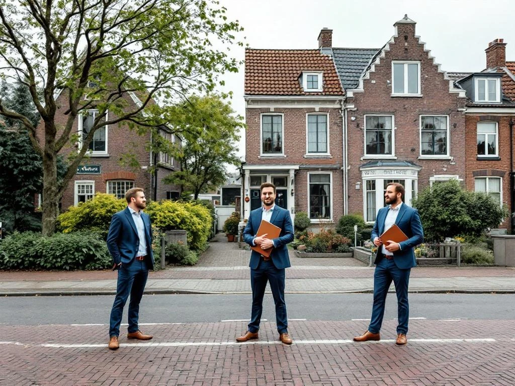 Drie makelaars staan bij verschillende Nederlandse huizen in Gouda: historisch grachtenpand, jaren 70 woning en moderne rijtjeshuis