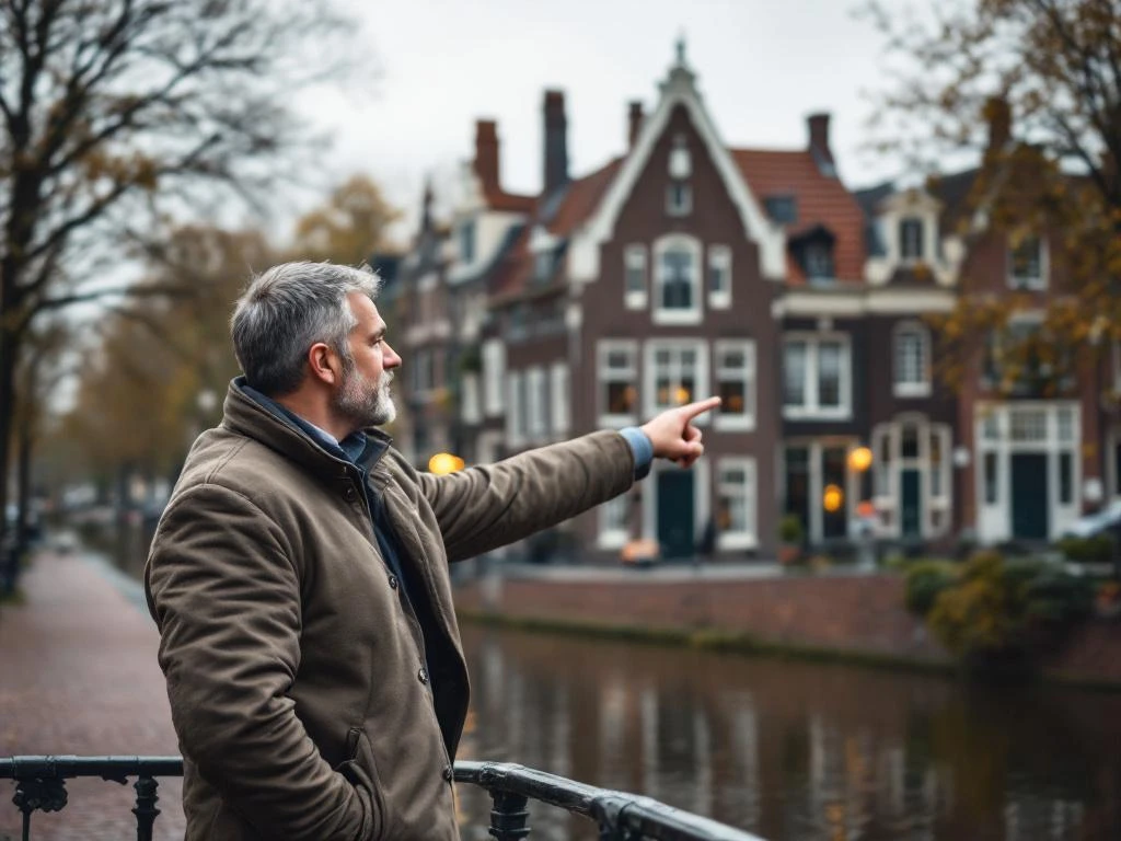 Makelaar wijst naar 17e-eeuws grachtenpand met trapgevel in historisch Gouda op bewolkte ochtend