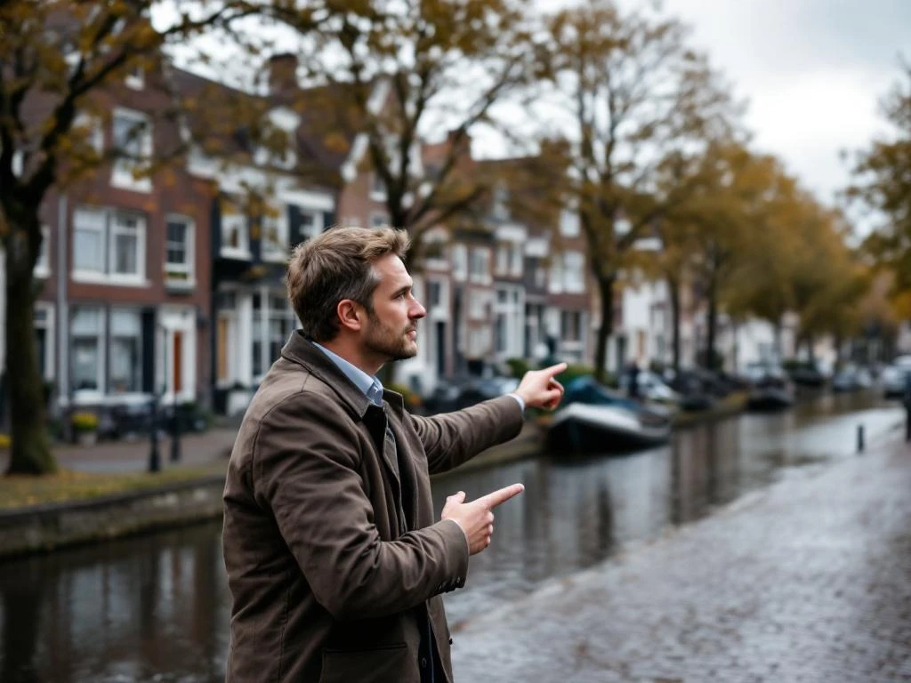 Makelaar wijst naar traditioneel Goudse grachtenpand met trapgevel langs boom-omzoomde gracht in binnenstad
