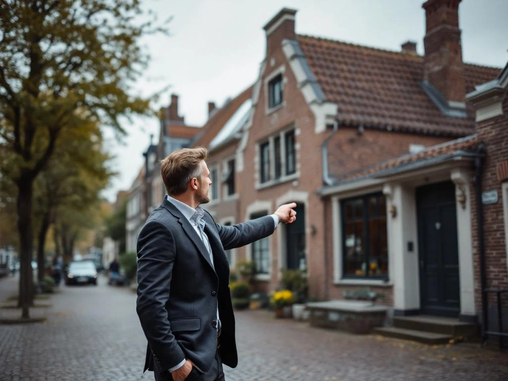 Makelaar wijst naar traditioneel Nederlands grachtenpand met trapgevel in Gouda centrum