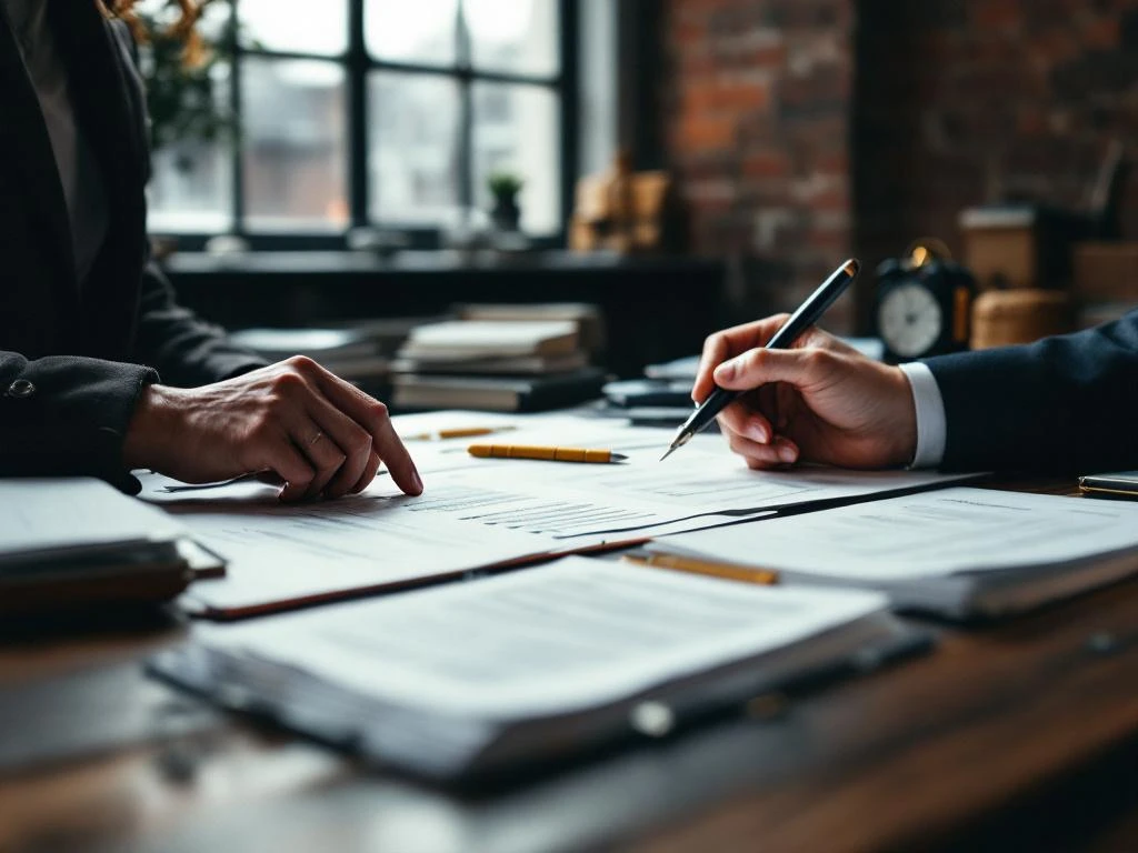 Makelaar organiseert servicechecklist en documenten op houten bureau in traditioneel Nederlands kantoor