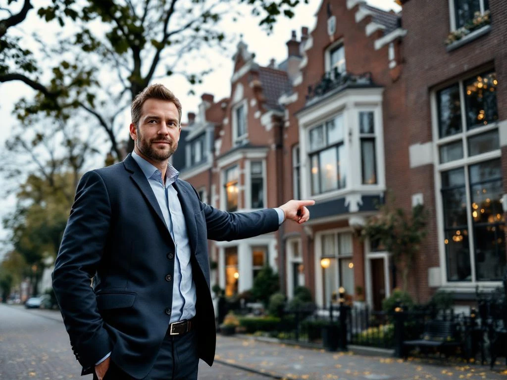 Makelaar wijst naar vooroorlogse herenhuis met erkers in Rotterdam Kralingen, boomrijke straat, bewolkte dag