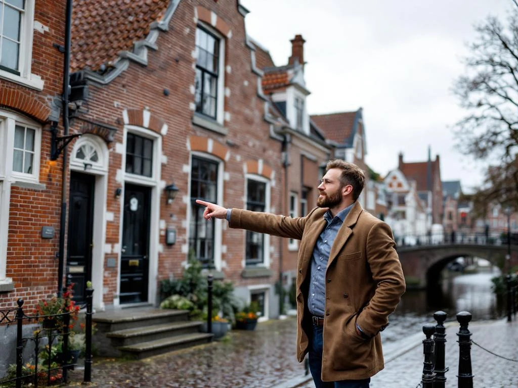 Makelaar wijst naar historisch 17e-eeuws grachtenpand met trapgevel in centrum van Gouda