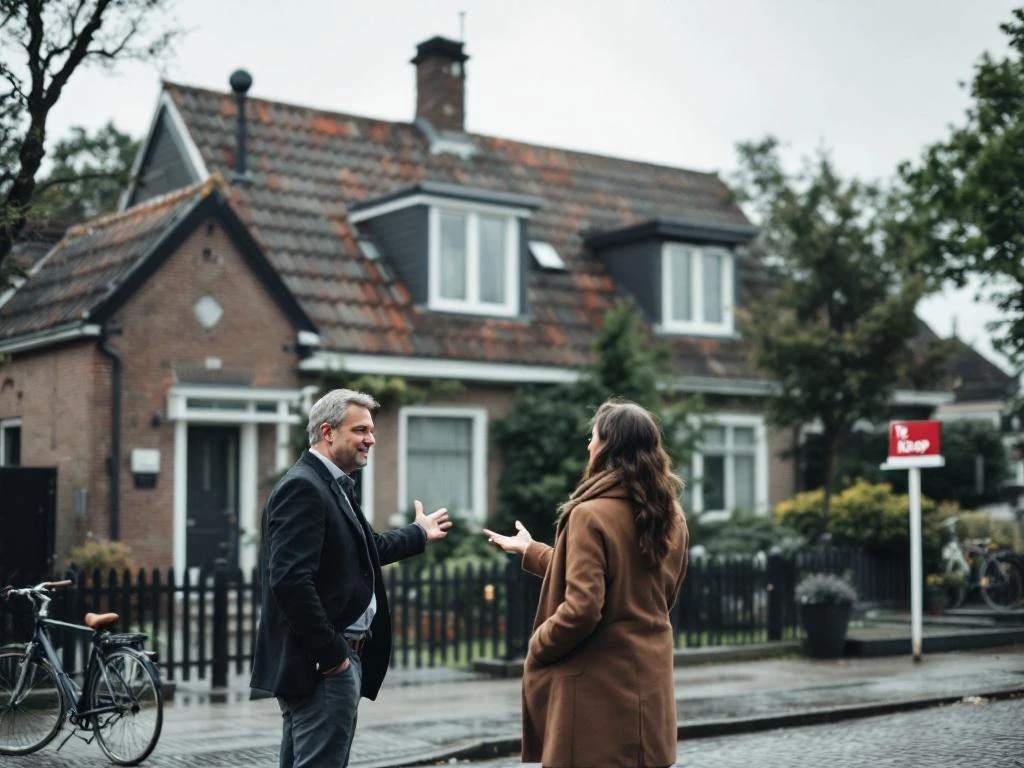 Makelaar toont traditioneel Nederlands bakstenen huis met "Te Koop" bord in Gouda straat op bewolkte dag