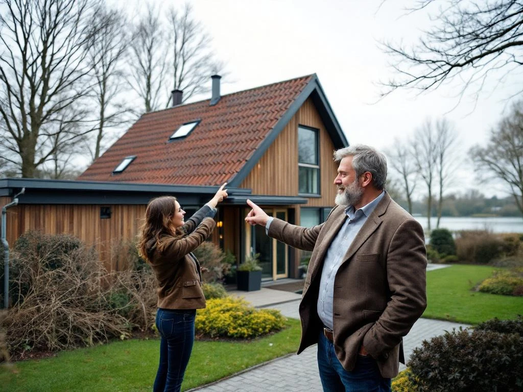 Makelaar wijst naar jaren '70 woning met houten gevelbekleding en grote tuin in Reeuwijk bij Reeuwijkse Plassen