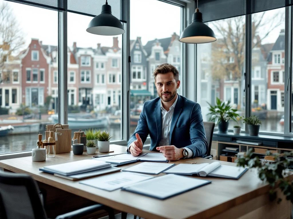 Makelaar presenteert NVM certificeringsdocumenten op kantoor in Gouda met traditionele Nederlandse grachtenhuizen op achtergrond