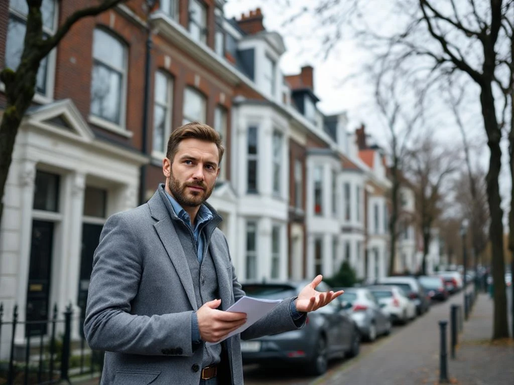 Makelaar in zakelijke kleding wijst naar klassiek herenhuis met erker in Rotterdam Kralingen, Nederland