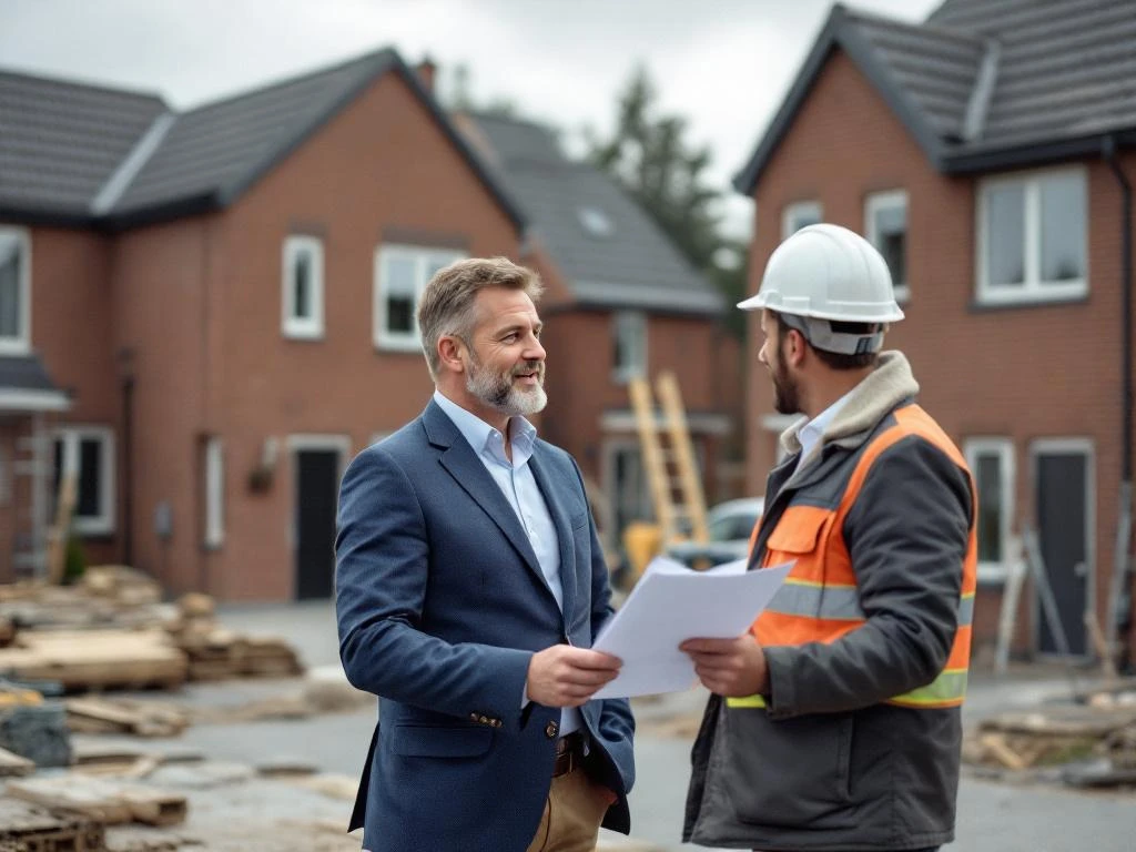 Makelaar bespreekt bouwplannen met bouwvakkers bij nieuwbouwproject in Gouda met traditionele Nederlandse bakstenen huizen