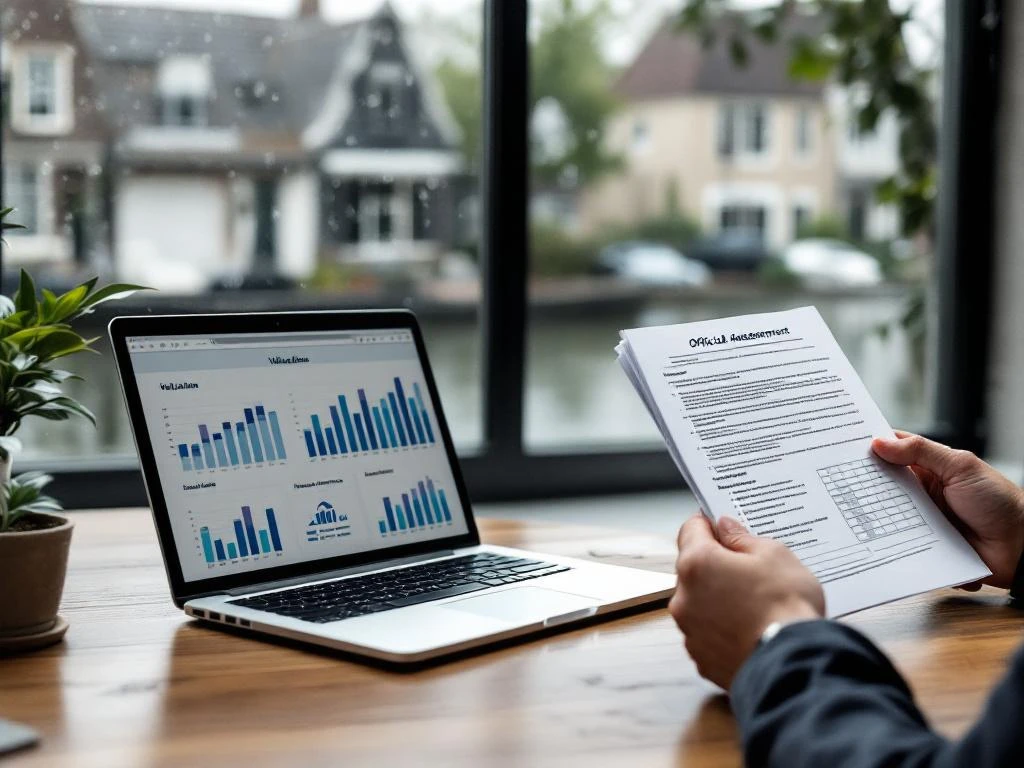 Makelaar houdt officiële documenten naast laptop met online waarderingstools in Gouda kantoor aan gracht