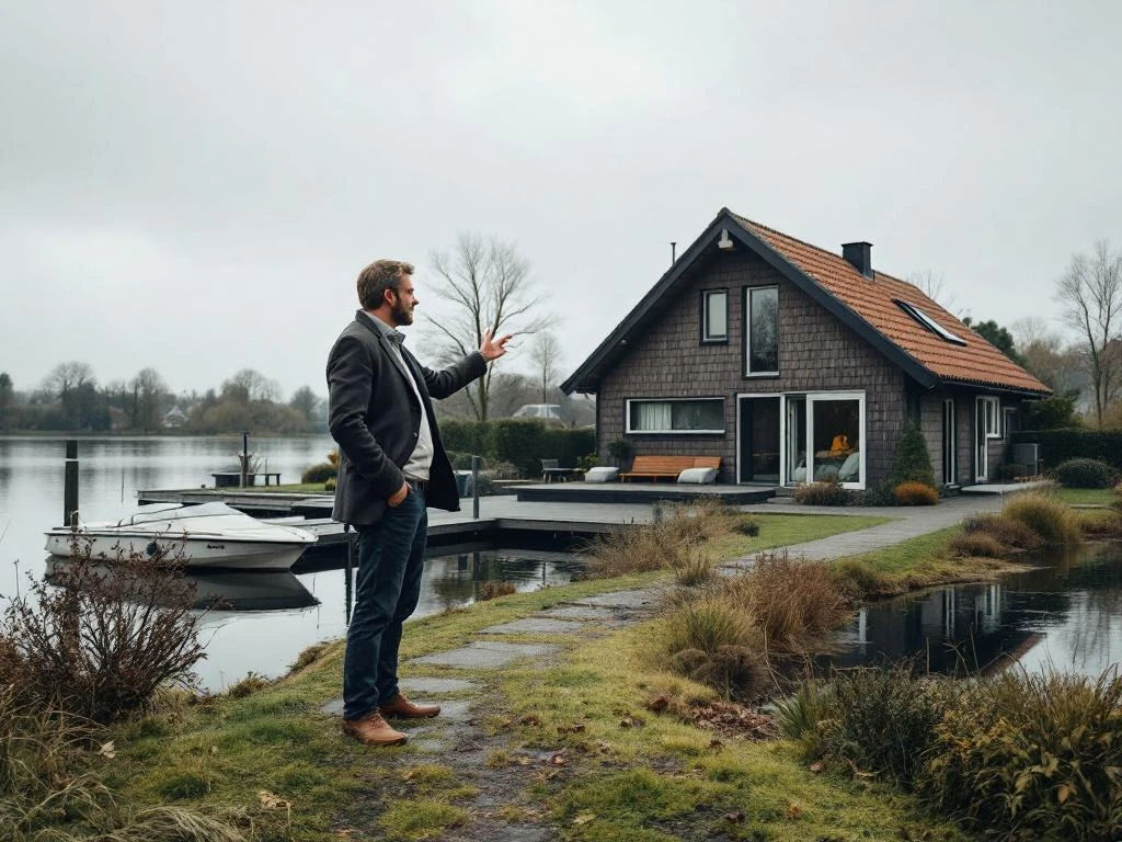 Makelaar toont waterfront woning uit jaren 70 met steiger aan Reeuwijkse Plassen, Nederland