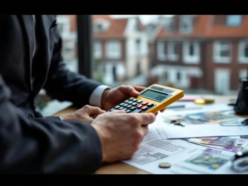 Makelaar houdt rekenmachine en woningdocumenten vast op bureau met Euro bankbiljetten en huissleutel, Rotterdam op achtergrond