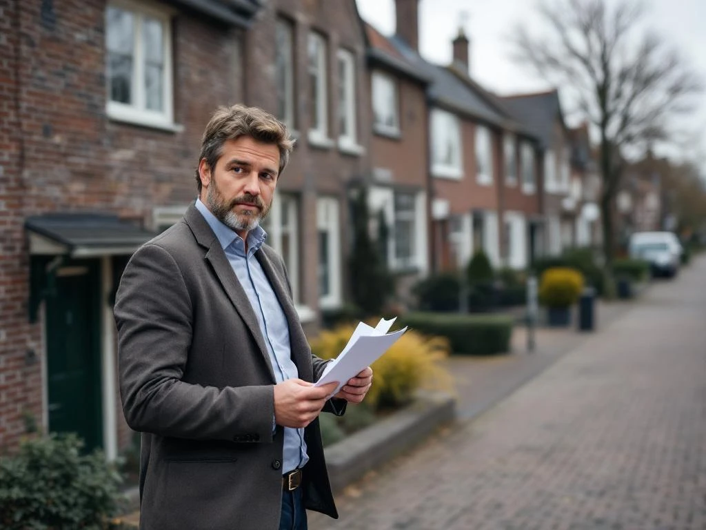 Makelaar bekijkt taxatiedocumenten naast traditioneel Nederlands rijtjeshuis in Gouda woonwijk