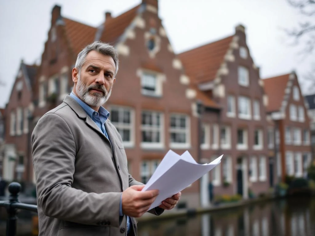 Nederlandse makelaar bekijkt taxatiedocumenten naast historisch grachtenpand in Gouda met karakteristieke trapgevel